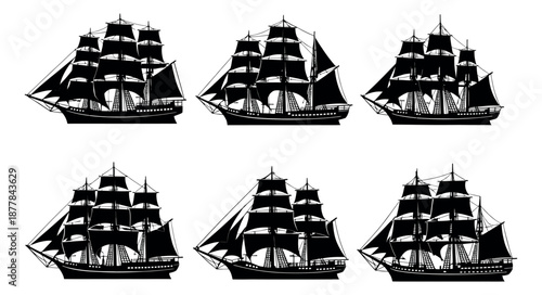 Silhouette sailing ship set featuring various tall ships for nautical themes
