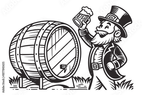  Vintage engraving style, jovial leprechaun, St. Patrick's Day, whiskey glass, wooden barrel, shamrock, top hat, detailed beard, cheerful expression, black and white illustration, woodcut texture, I