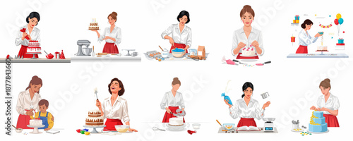 Set of illustrations depicting women baking, mixing, and decorating elaborate celebration cakes and desserts with professional care.