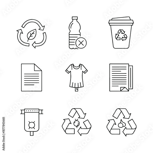 Recycle Icon Set: Clean, elegant line icons depicting various aspects of environmental conservation and waste reduction.