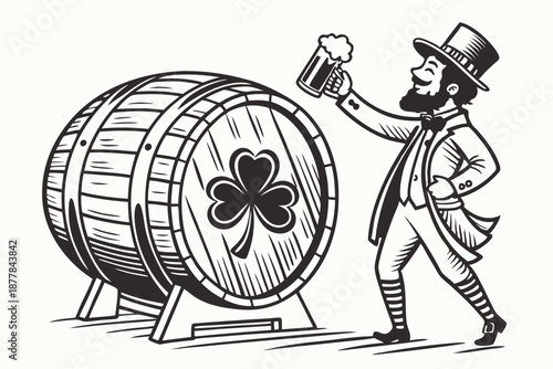  Vintage engraving style, jovial leprechaun, St. Patrick's Day, whiskey glass, wooden barrel, shamrock, top hat, detailed beard, cheerful expression, black and white illustration, woodcut texture, I