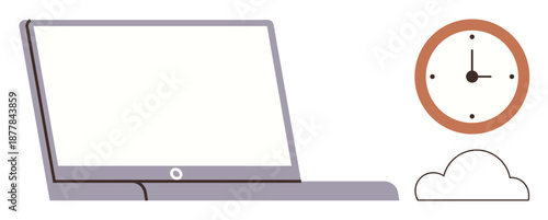 Productivity, time management, remote work, scheduling, cloud computing, efficiency. A laptop with a clock and cloud illustration. Productivity and time management concept