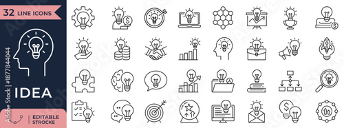 A set of 32 professional outline icons featuring light bulbs, brain thinking, and strategic solution symbols. Ideal for creative agency websites, business brainstorming presentations, and educational 