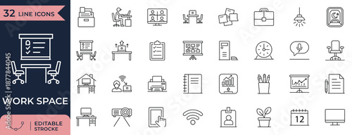 A professional collection of 32 thin line icons featuring office furniture, remote work equipment, and corporate productivity tools. Ideal for business website UI, administrative training materials, a
