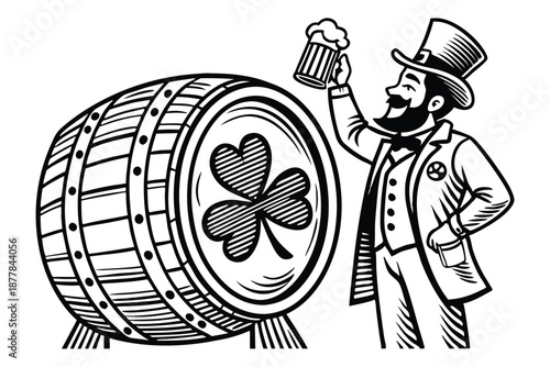  Vintage engraving style, jovial leprechaun, St. Patrick's Day, whiskey glass, wooden barrel, shamrock, top hat, detailed beard, cheerful expression, black and white illustration, woodcut texture, I