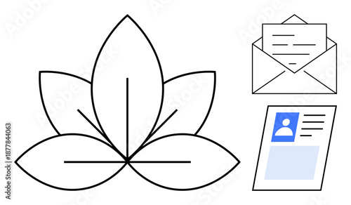 Communication concept. Communication symbols include lotus harmony, envelope for messages, and an ID card. Communication between nature, identity, and correspondence. For corporate identity, wellness