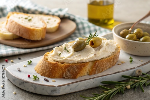 Wallpaper Mural Freshly prepared bread topped with creamy spread and olives, with additional bread and olive oil in the background Torontodigital.ca