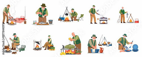 Senior fisherman outdoor activities set: catching, cleaning, and cooking fresh fish over a campfire during a relaxing nature trip.