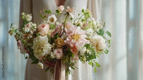 Elegant wildflower wedding bouquet with asymmetrical design, soft natural light, pastel tones, airy background, modern bridal floristry concept. 