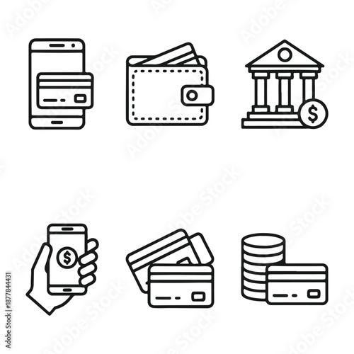Financial Icons: A clean and modern collection of financial icons, including a bank, a wallet, a smartphone, and credit cards. Suitable for finance, banking, business and payment-related applications.