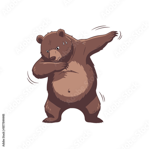 Cute brown bear dancing energetically with raised arm
