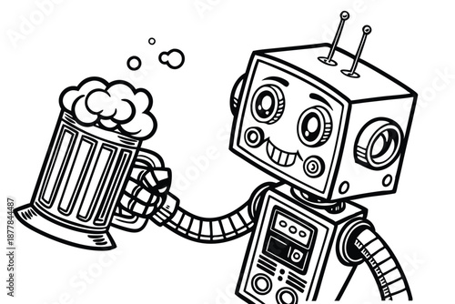  Retro robot holding beer mug, vintage illustration style, black and white sketch, angular design, square head, antenna, mechanical limbs, detailed engraving texture, cute expression, whimsical char