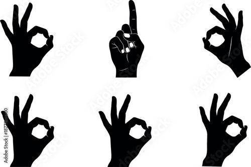 Collection of human hand gesture silhouettes showing OK sign and pointing finger