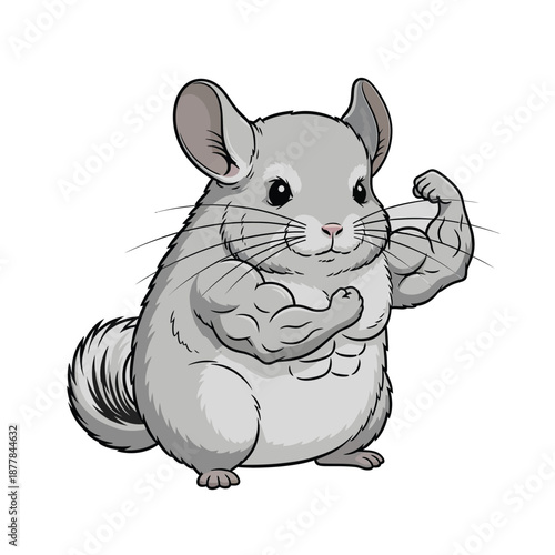 Cute chinchilla flexing arm muscle with a playful expression on its face