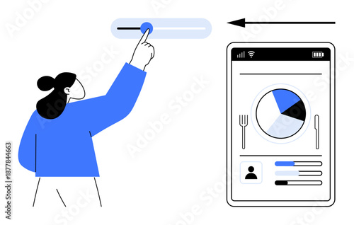 Data analytics concept. Focus on interpreting data via mobile dashboards with user interaction features. Data analytics in technology, business insights, app interfaces, design, usability