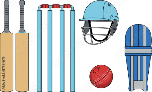 Complete cricket equipment set with bats wickets helmet ball and leg guard vector illustration