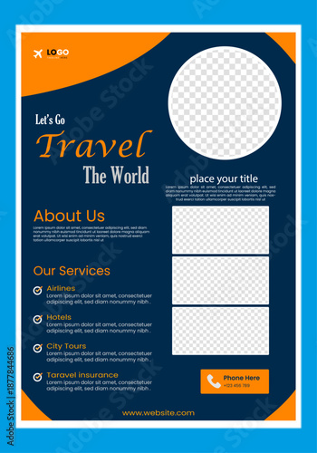 set of travel flyer template for holiday in black and orange color. A4 size travel brochure design.