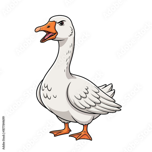 Vibrant cartoon goose standing with open beak looking left