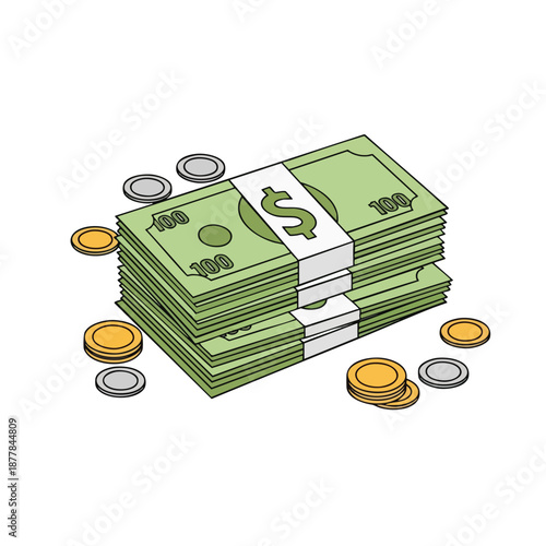 Stack of Banknotes and Coins