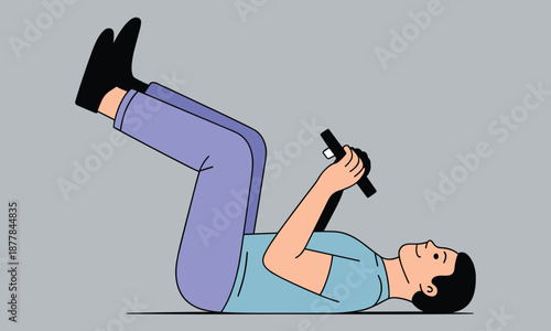 Man Lying Down Holding a Stylus Pen on a Gray Background vector illustration