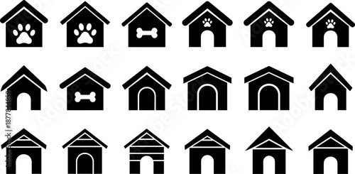 Comprehensive set of 18 dog house icons, minimalist pet shelter and kennel symbols for pet shop branding, mobile apps, and animal care services.