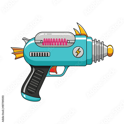 Vibrant cartoon laser gun with flames and lightning bolt