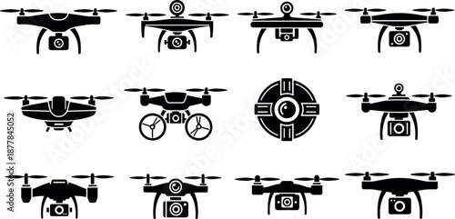 Comprehensive set of drone solid icons, minimalist black silhouette symbols for aerial photography, mobile apps, and tech UI design.
