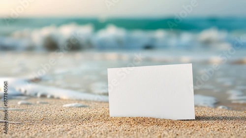 Blank card on sandy beach with ocean waves in background