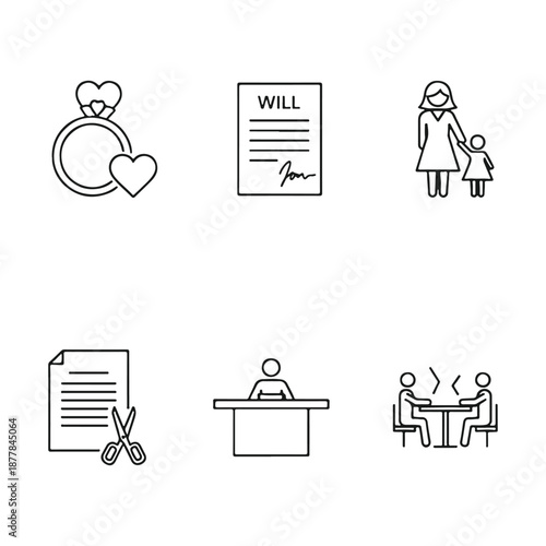 Life Choices Icons: A collection of meticulously crafted icons portraying life's key decisions: marriage, legal documents, family dynamics, important moments and collaboration.