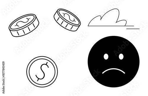 Economic uncertainty, financial struggles, economic downturn, depression, low income, poverty. Three coins and a sad face symbol with a cloud above. Economic uncertainty and financial struggles theme