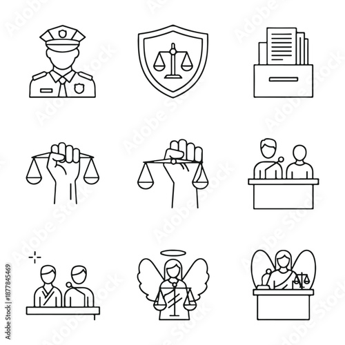 Justice in Sight: A collection of meticulously crafted line art icons encapsulates the essence of law, encompassing the judiciary, security, and the unwavering pursuit of fairness.