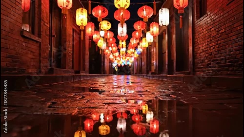 Illuminated Alleyway Lined With Red and Yellow Lanterns Reflecting in Wet Pavement at Night