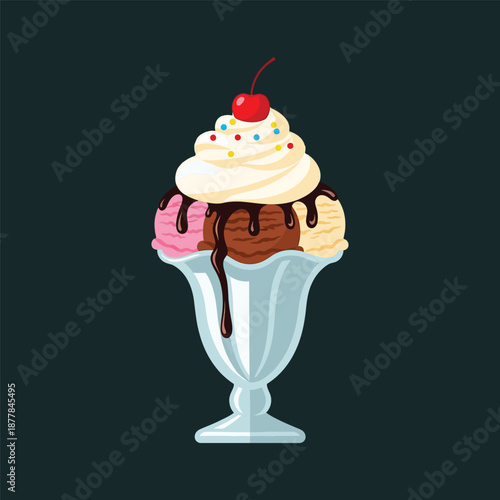 Delicious triple decker ice cream sundae with whipped cream and cherry