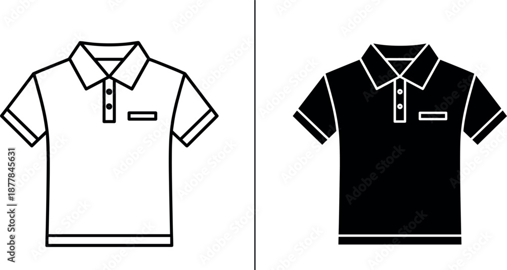 Fototapeta premium Polo shirt icon set, minimalist short sleeve collared shirt symbols for fashion e-commerce, apparel branding, and uniform design.