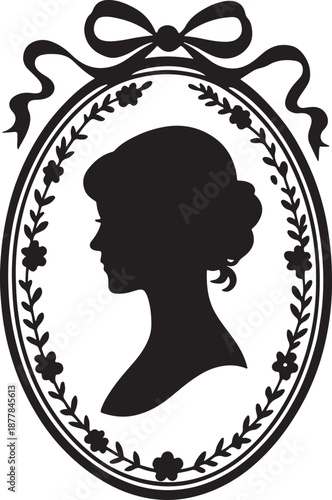 Elegant silhouette portrait of a woman in a floral frame with a bow