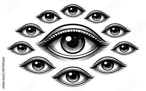 Hand drawn line art eye set featuring a central all-seeing eye and surrounding ornate eyes for mystical design