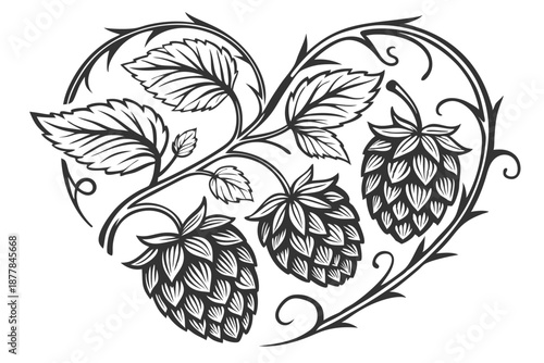  Black and white illustration, heart-shaped composition, detailed hop cones, intricate botanical drawing, beer ingredient art, clustered hops, vine leaves, realistic texture, vintage engraving style