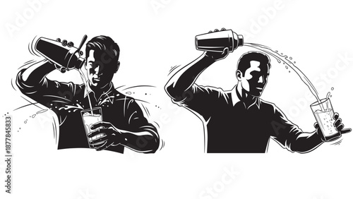 Bold Black And White Vector Illustration Of A Bartender Performing Dynamic Flair Pouring Techniques While Preparing Cocktails For Live Bar Service