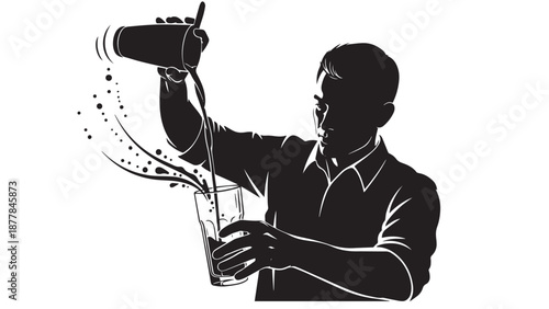 Bold Black And White Silhouette Illustration Of A Bartender Mid-Pour Emphasizing Dynamic Motion, Liquid Trail And Flair Technique