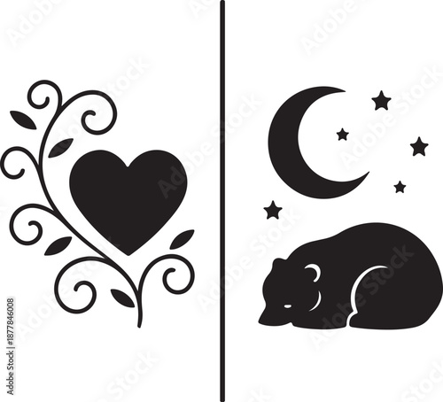 A split illustration of a heart with vines and a moon with a sleeping cat