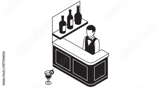 Isometric vector line art illustration of a professional male bartender behind a bar counter with liquor bottles and a cocktail for World Bartender Day and hospitality service concepts