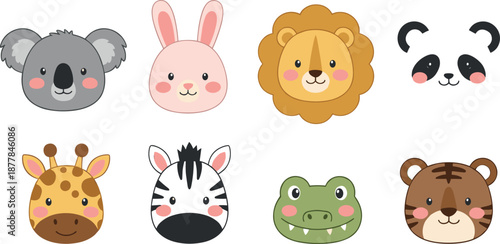 Set of cute animal face illustrations in flat vector style, friendly zoo and safari animal characters for nursery decor and children's graphics