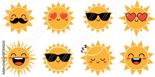 Set of cute sun characters with different emoji expressions, flat vector illustration of happy suns with sunglasses hearts mustache and sleeping faces