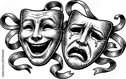 Theater or theatre drama comedy and tragedy masks in a vintage woodcut etching style