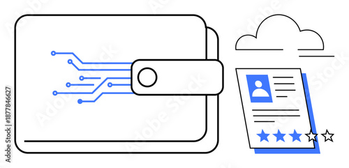 Wallet with digital circuit lines and user profile card featuring cloud and star ratings. Ideal for finance, technology, data security, digital identity, e-commerce, cloud storage, blockchain. Simple