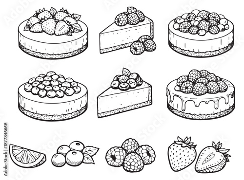 Hand drawn line art dessert set featuring cheesecakes, slices, and fresh berries for sweet recipes