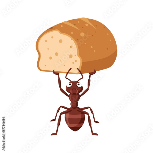 Determined ant carrying a large slice of bread with effort