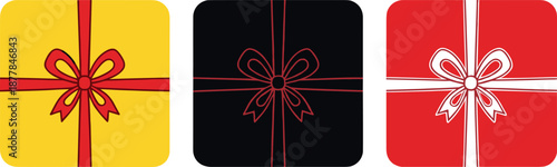 Set of minimalist square gift box icons in yellow, black, and red colors, simple flat vector symbols with ribbon bows for holiday shopping and app design.