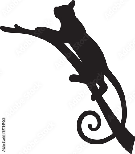 Fotografia A sleek black cat silhouette dramatically climbing a winding ornate branch
