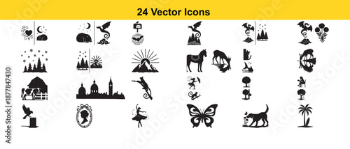 Collection of twenty four black silhouette vector icons depicting various objects and creatures